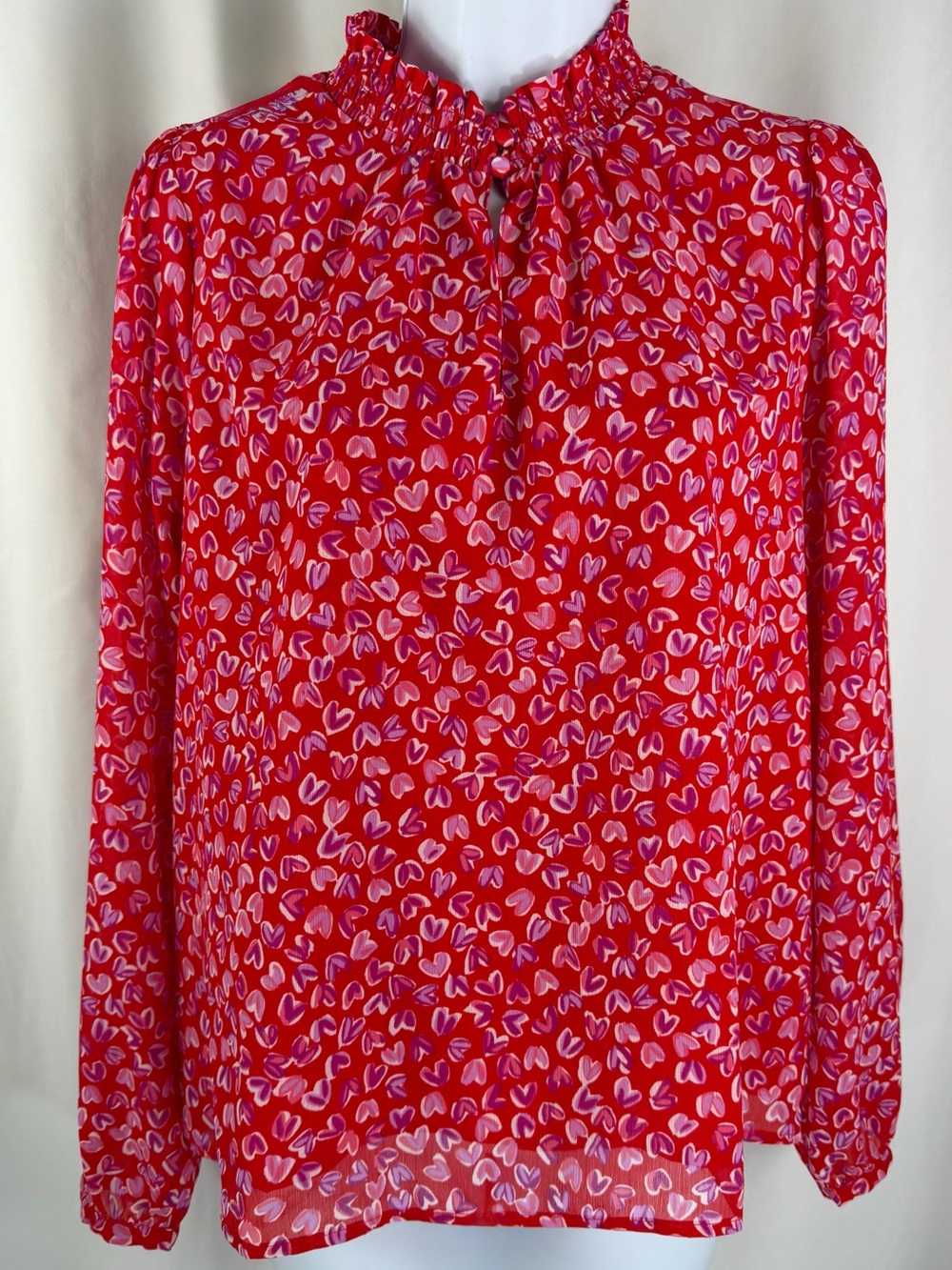 J CREW Smocked Keyhole Sweetheart Top Red Heart POP Print Long Sleeve Blouse NWT